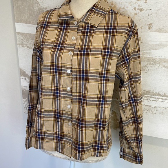 ROMWE tan/blue/gold plaid button down - Picture 2 of 5